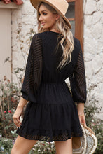 Load image into Gallery viewer, Black Waved Stripes Textured Balloon Sleeve Tiered Dress
