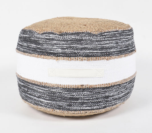 Hand-Braided Jute & Greyscale Cotton Pouf | Decorative Pillows