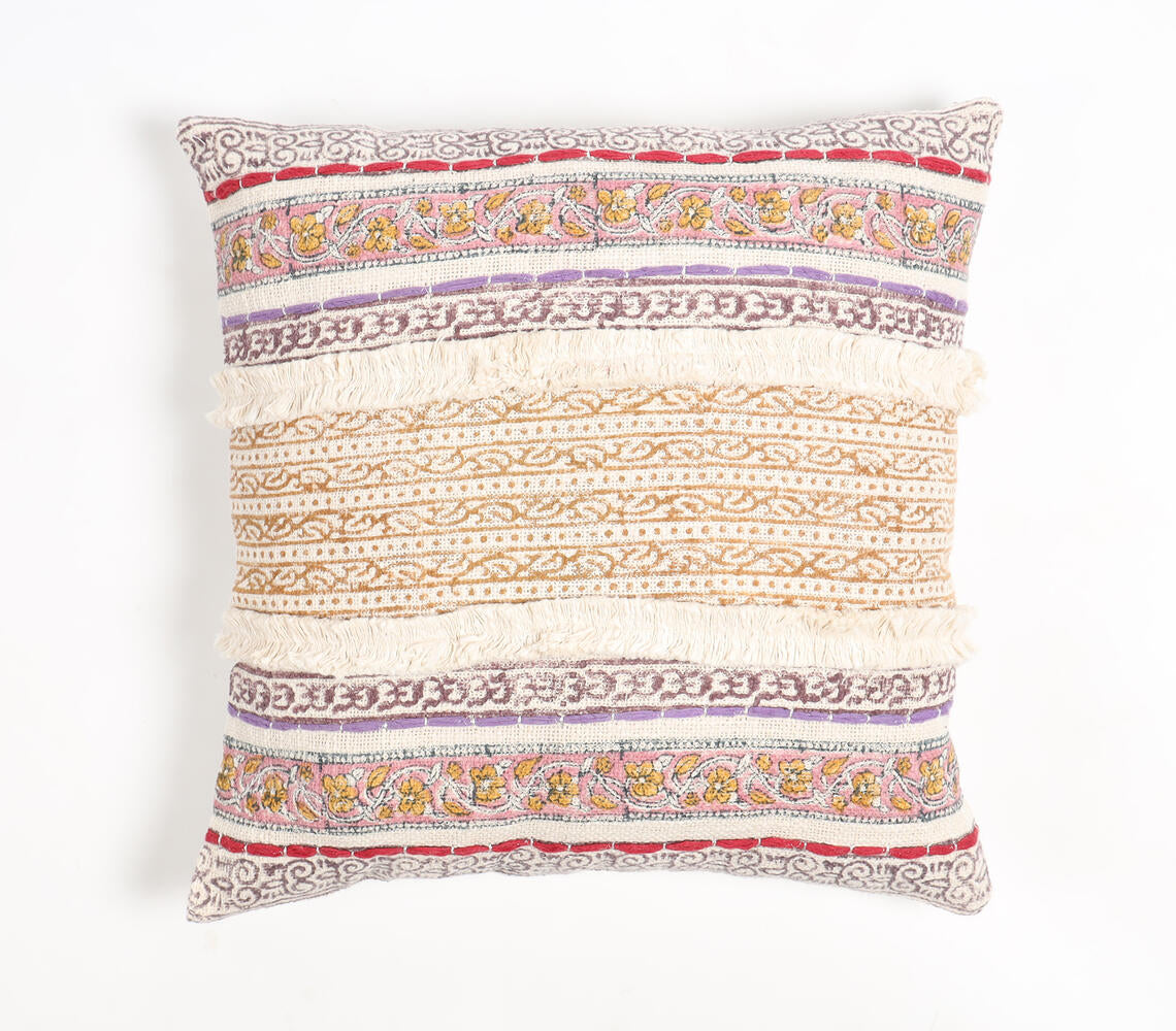 Block Printed Cotton Striped-Motifs Cushion Cover