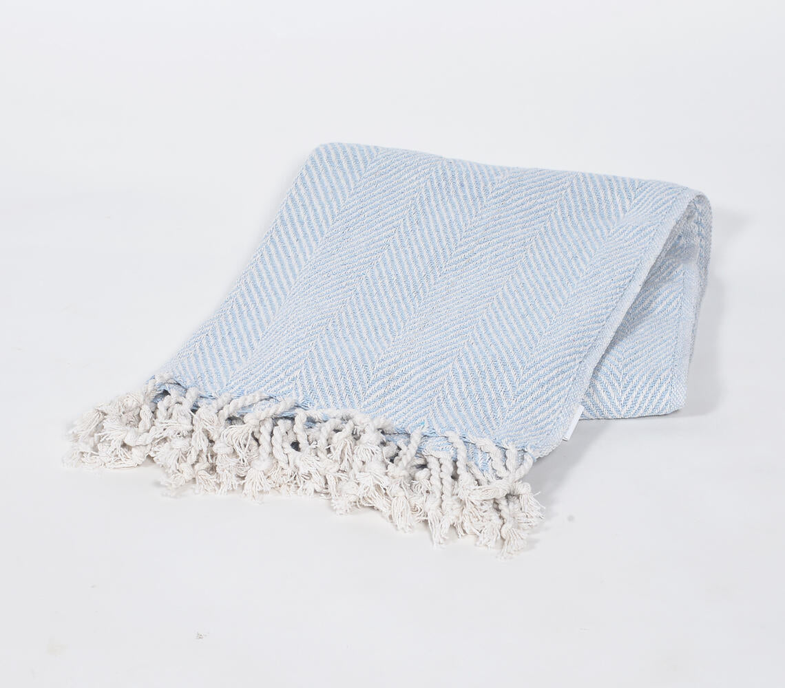 Yarn-Dyed Cotton Powder Blue Chevron Tasseled Throw | Throw Blankets & Linens