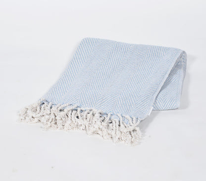 Yarn-Dyed Cotton Powder Blue Chevron Tasseled Throw | Throw Blankets & Linens