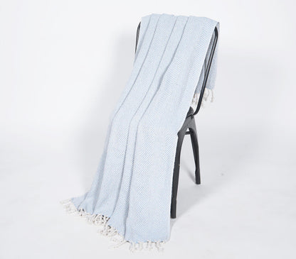 Yarn-Dyed Cotton Powder Blue Chevron Tasseled Throw | Throw Blankets & Linens