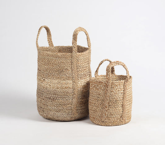 Hand Braided Jute Baskets with handles (set of 2) | Living Room