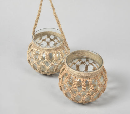 Hand Knotted Jute & Glass Jar Candle Holders (Set of 2) | Candles