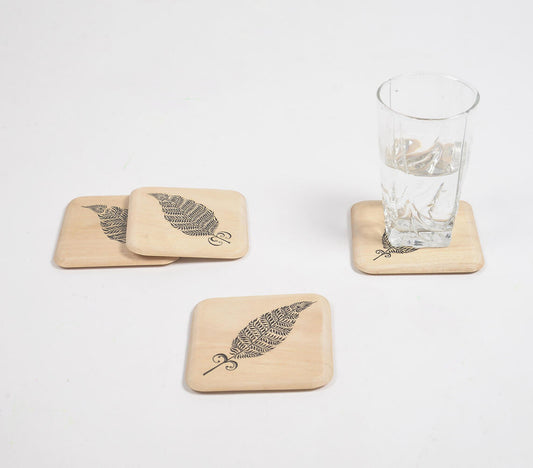 Hand Printed Ethnic Feather Wooden Coasters (set of 4) | Kitchen