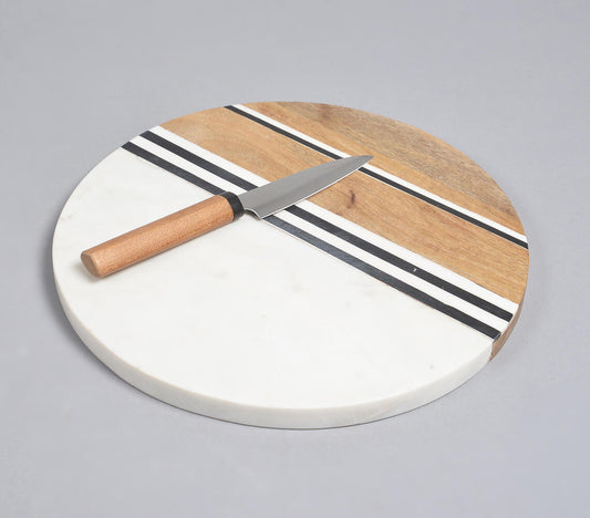 Hand Cut Marble & Mango Wood Round Chopping Board | Charcuterie