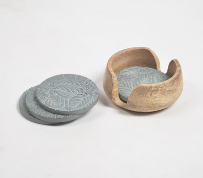 Paisley Hand carved Stone Coasters with Wooden Holder (set of 4) | Kitchen