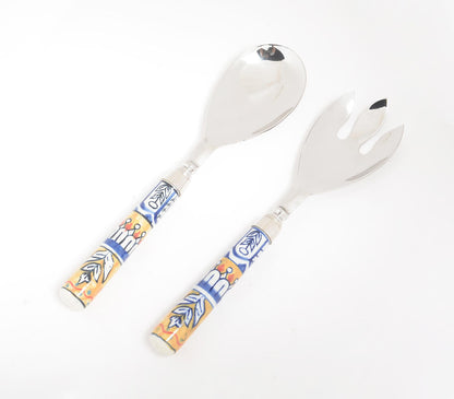 Hand Painted Ceramic & Stainless Steel Salad Servers Combo | Kitchen