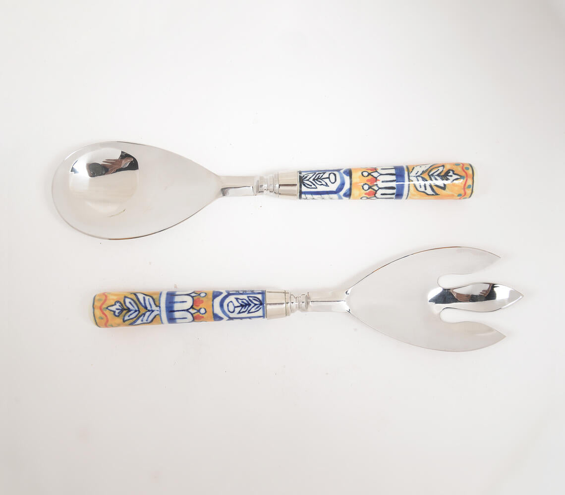 Hand Painted Ceramic & Stainless Steel Salad Servers Combo | Kitchen