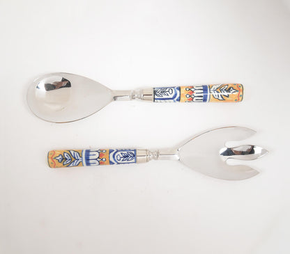 Hand Painted Ceramic & Stainless Steel Salad Servers Combo | Kitchen