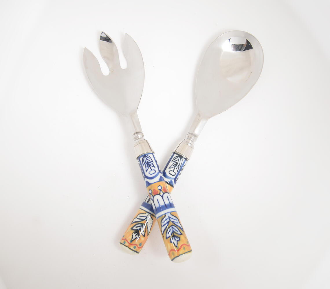 Hand Painted Ceramic & Stainless Steel Salad Servers Combo | Kitchen