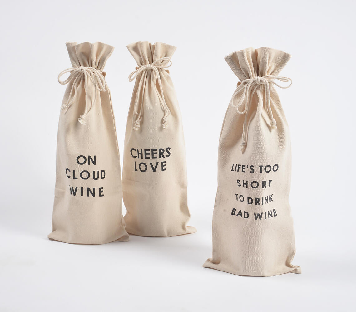 Typographic Drawstring Canvas Wine Bags (Set of 3) | Charcuterie