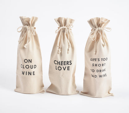 Typographic Drawstring Canvas Wine Bags (Set of 3) | Charcuterie