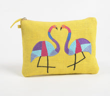 Load image into Gallery viewer, Abstract Flamingos Yellow Jute Pouch
