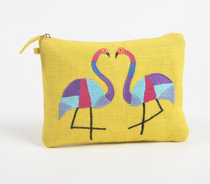 Abstract Flamingos Yellow Jute Pouch