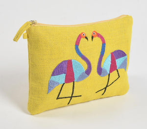 Abstract Flamingos Yellow Jute Pouch