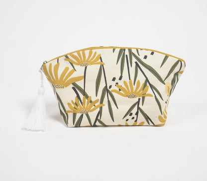 Yellow Floral Print Beige Pouch