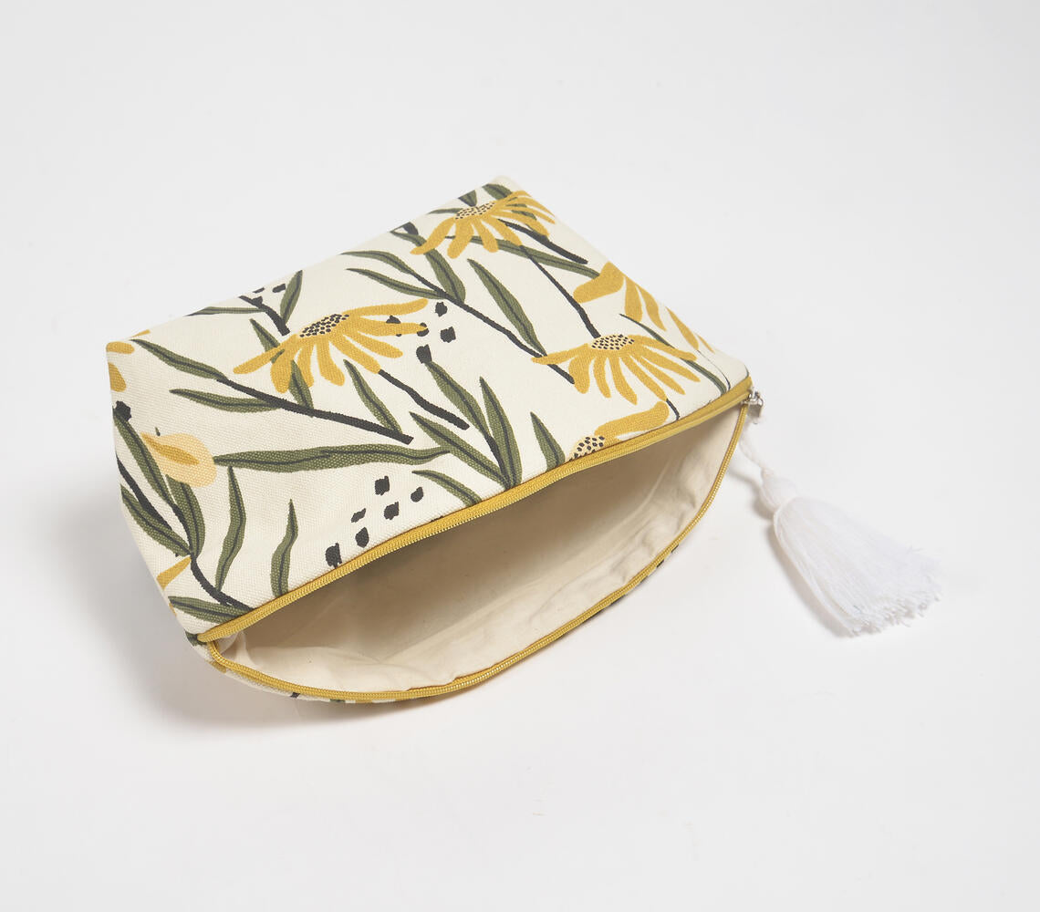 Yellow Floral Print Beige Pouch