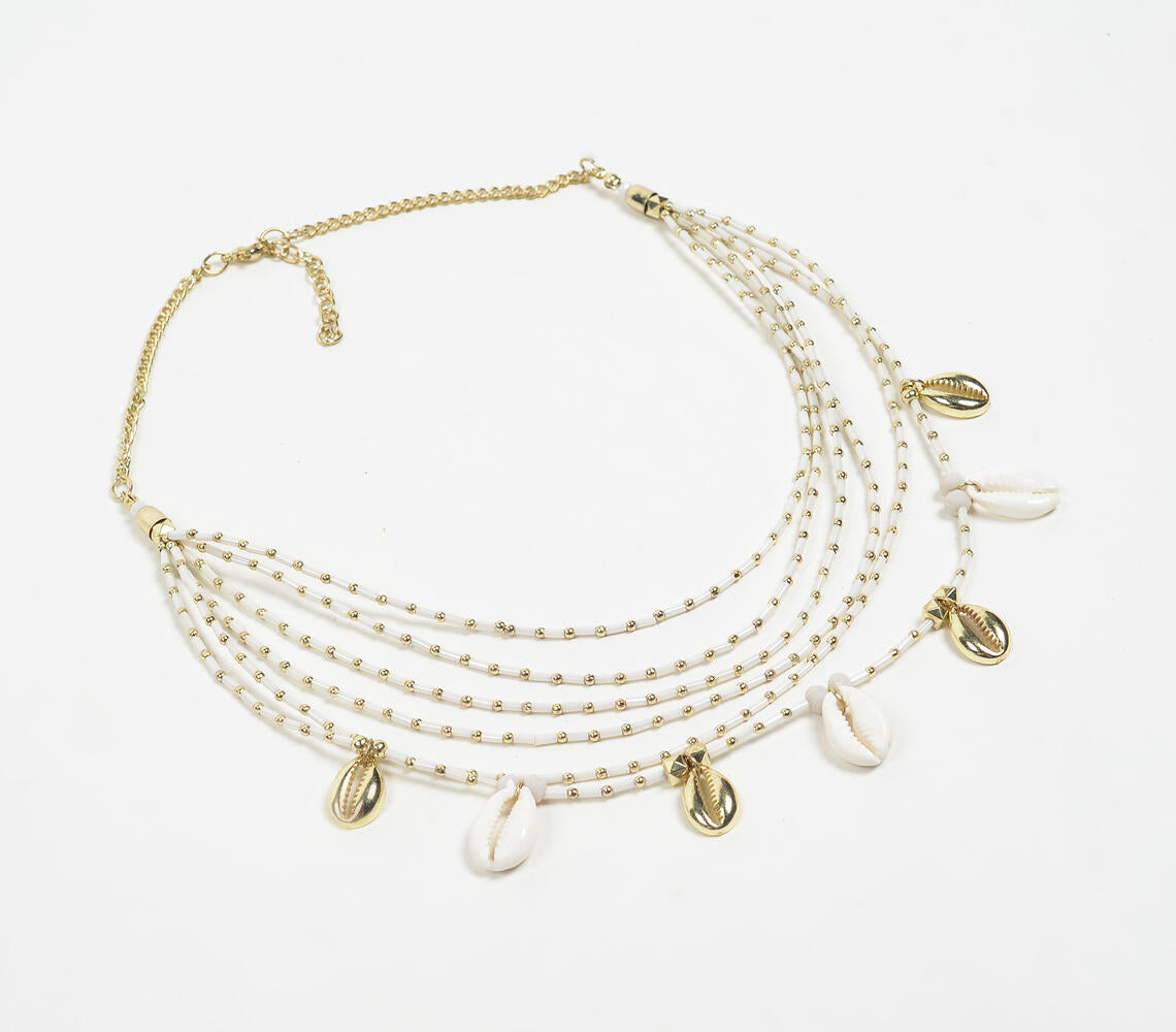 Monochrome-Toned Beads & Shell Layered Necklace with Extension Chain | Jewelry