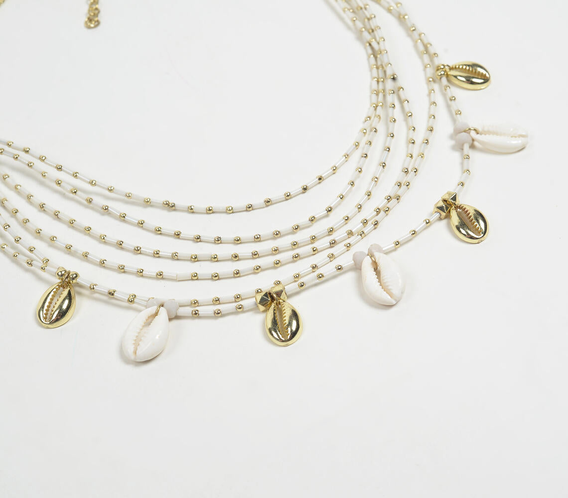 Monochrome-Toned Beads & Shell Layered Necklace with Extension Chain | Jewelry