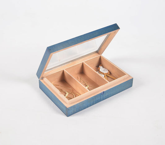 Hand Cut Steam Beech Wood Blue Jewelry Box - 3 Compartments | Bathroom