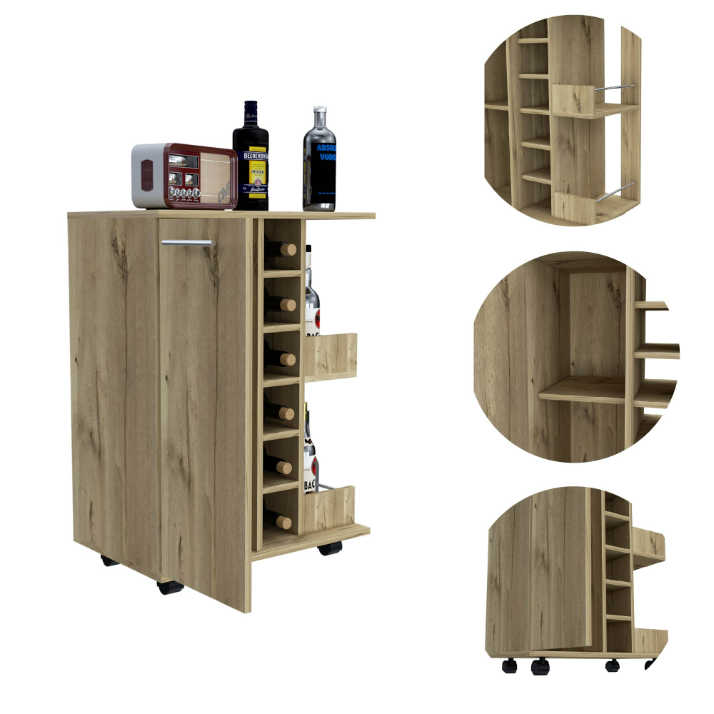 Bar Cart Wells, Four Casters, Six Wine Cubbies, Single Door Cabinet,