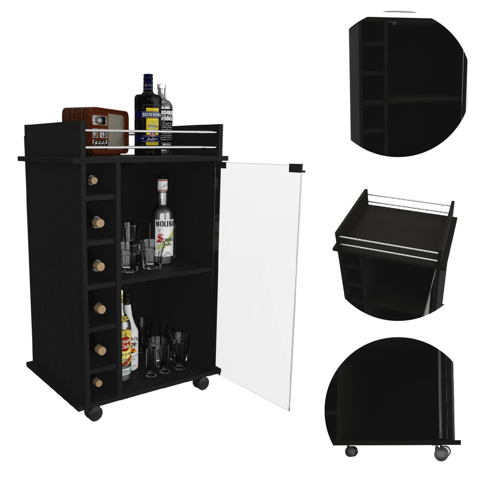 Bar Cart Baltimore, Two Tier Cabinet With Glass Door, Six Wine