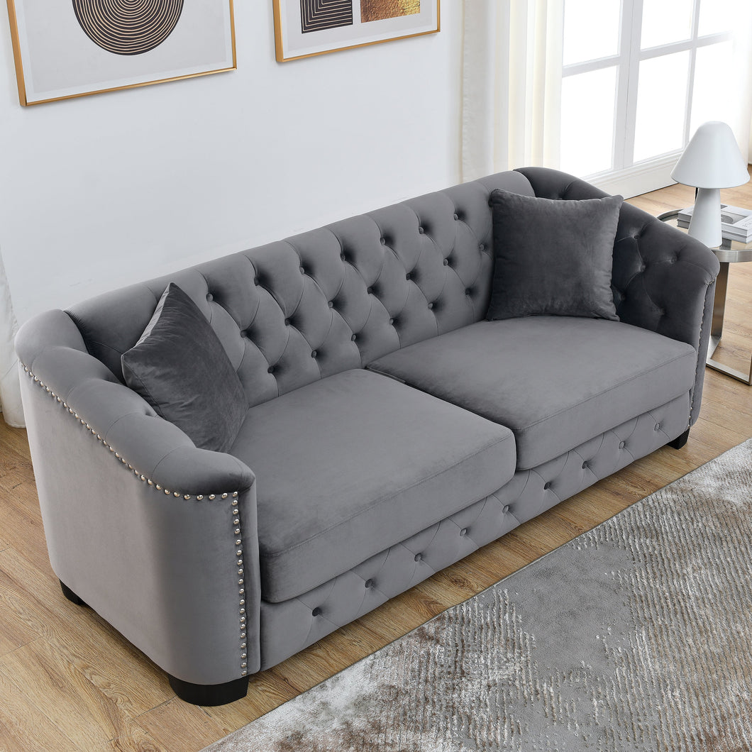 77-Inch Modern Grey Chesterfield Velvet Sofa, 3-Seater Sofa, Upholstered | Furniture