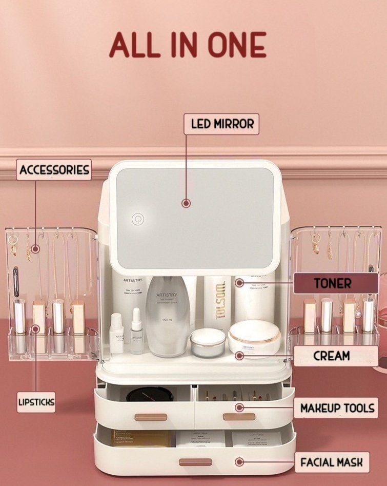 All-in-one Organizer with Led Mirror for Makeup Skincare & Accessories | Silver Rosemary Collection