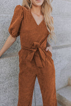 Load image into Gallery viewer, Brown Tie Knot Puff Sleeve Straight Leg High Rise Jumpsuit
