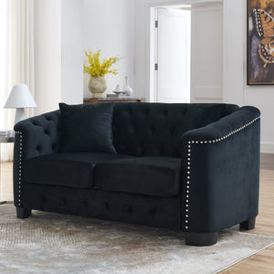 59-Inch Modern Chesterfield Black Velvet Sofa, 2-Seater Sofa, Upholstered | Furniture