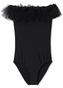 Black Draped Swimsuit with Tulle for Girls