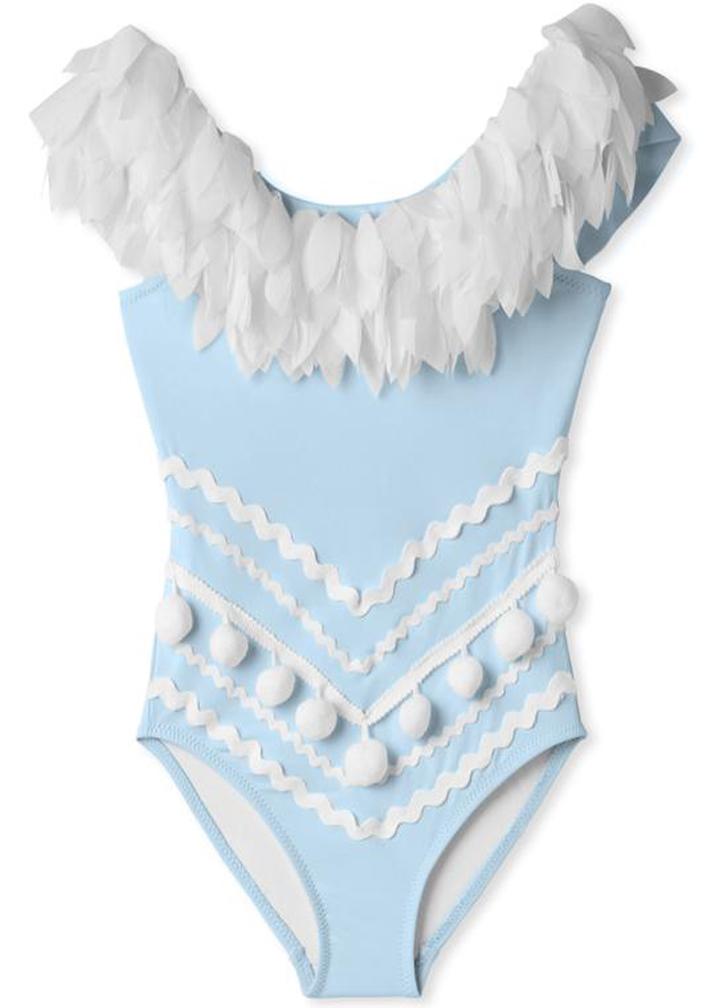 Blue Draped Swimsuit with Petals N Pom Poms