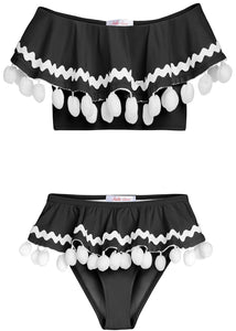 Black Draped Bikini with Pom Poms