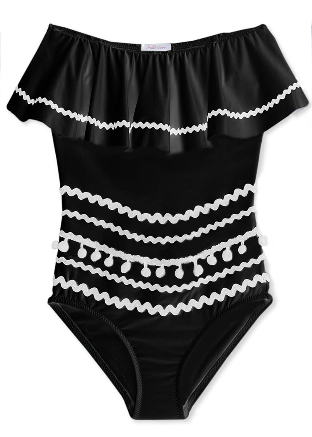 Black Drape Swimsuit with White Pom Poms for GIrls