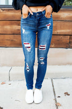 Load image into Gallery viewer, Dark Wash Mid Rise Distressed Plaid Patch Skinny Jeans
