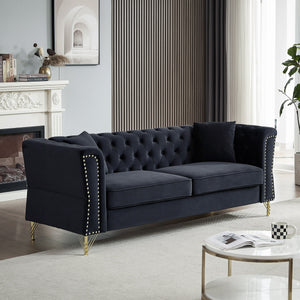 81.8" Chesterfield Sofa Black Velvet for Living Room, 3 Seater Sofa | Furniture