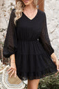 Black Waved Stripes Textured Balloon Sleeve Tiered Dress