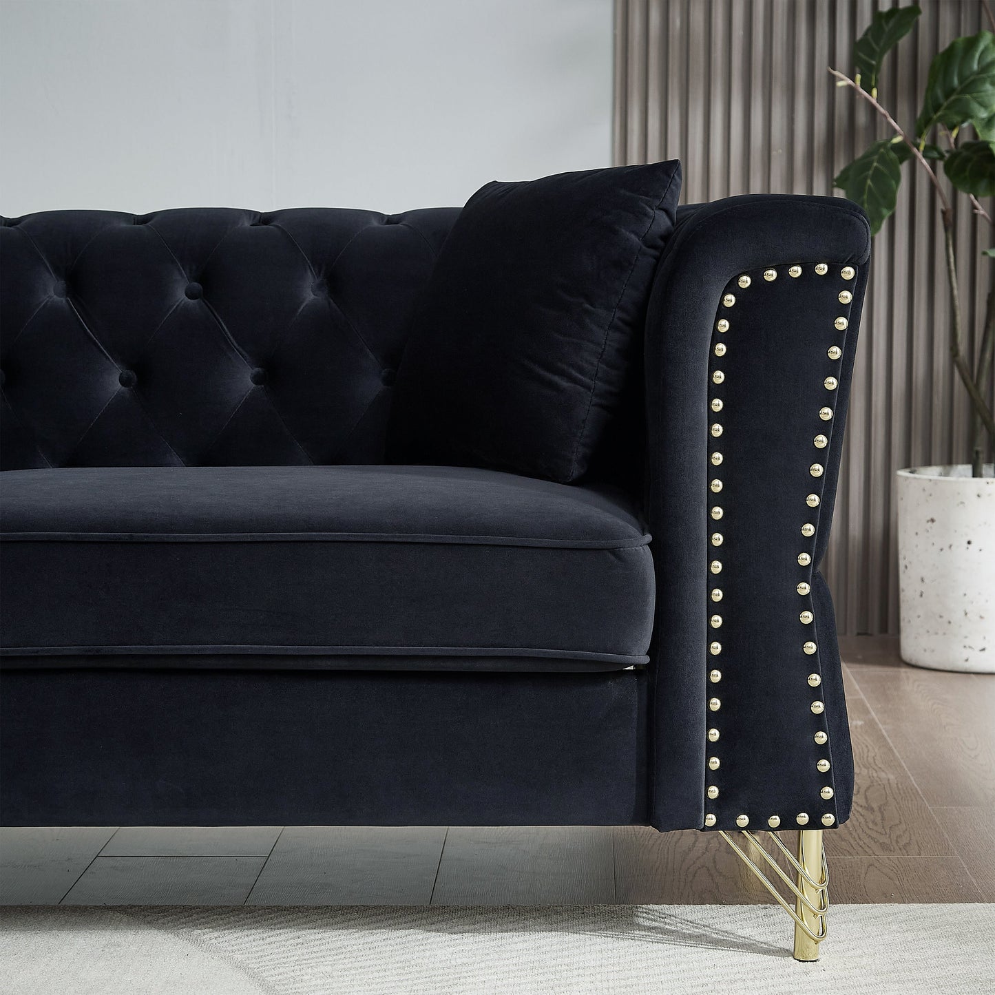 60.2" Chesterfield Sofa Black Velvet for Living Room, 2 Seater Sofa - Velvet | Furniture