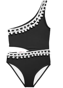 Black Side Cut Swimsuit with White Pom Poms