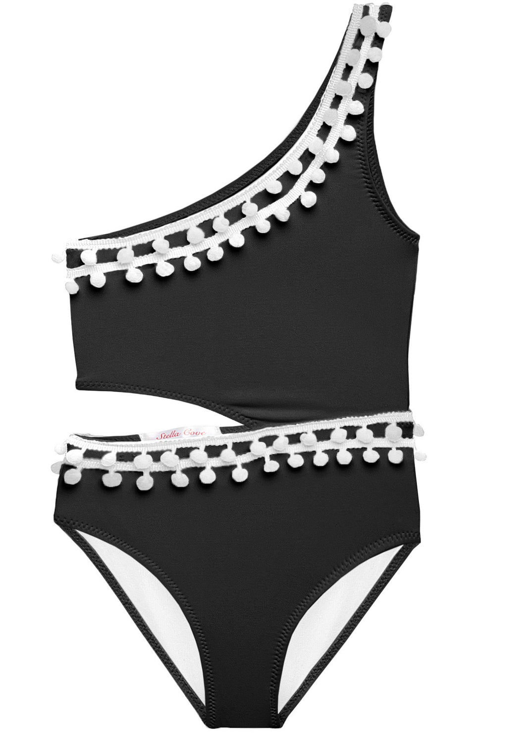 Black Side Cut Swimsuit with White Pom Poms