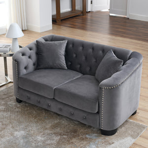 59-Inch Modern Chesterfield Grey Velvet Sofa, 2-Seater Sofa, Upholstered | Furniture