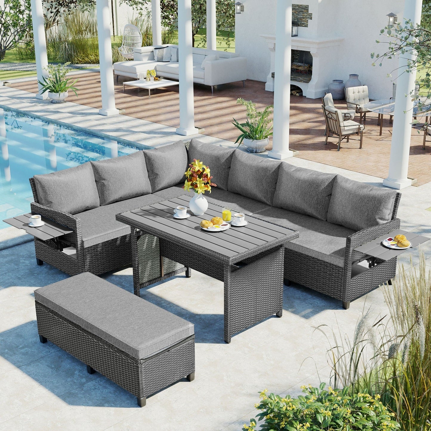 5-Piece Outdoor Patio Rattan Sofa Set, Sectional PE Wicker L-Shaped | Outdoor Living