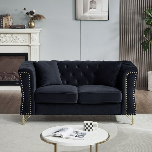 60.2" Chesterfield Sofa Black Velvet for Living Room, 2 Seater Sofa - Velvet | Furniture