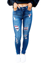 Load image into Gallery viewer, Dark Wash Mid Rise Distressed Plaid Patch Skinny Jeans
