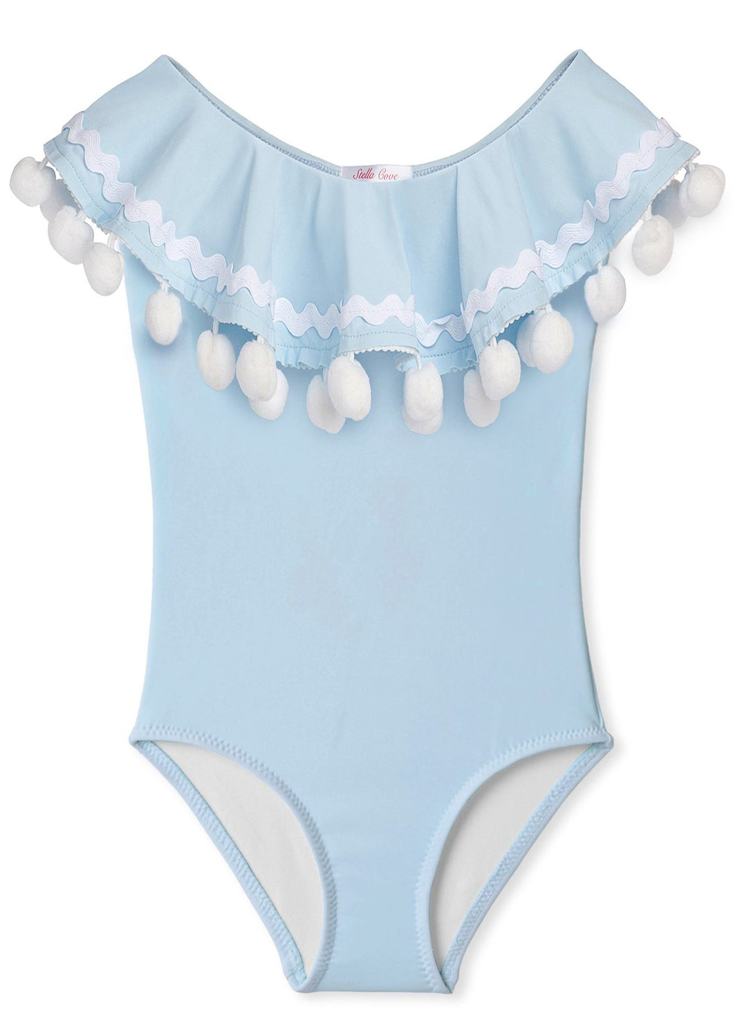 Blue Draped Swimsuit Bathing Suit with White Pom Poms