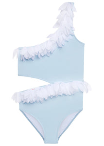 Blue Side-Cut Swimsuit with White Petals