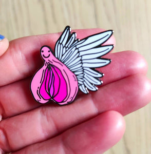 Flying vagina enamel pin