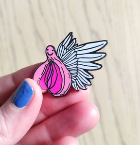 Flying vagina enamel pin