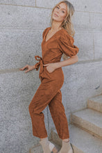 Load image into Gallery viewer, Brown Tie Knot Puff Sleeve Straight Leg High Rise Jumpsuit
